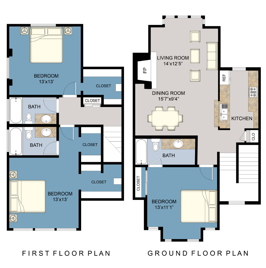 Floor plan for 3 beds, 2 baths, 1425 sqft